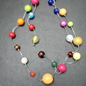 Silver tone long colorful beaded necklace 44"